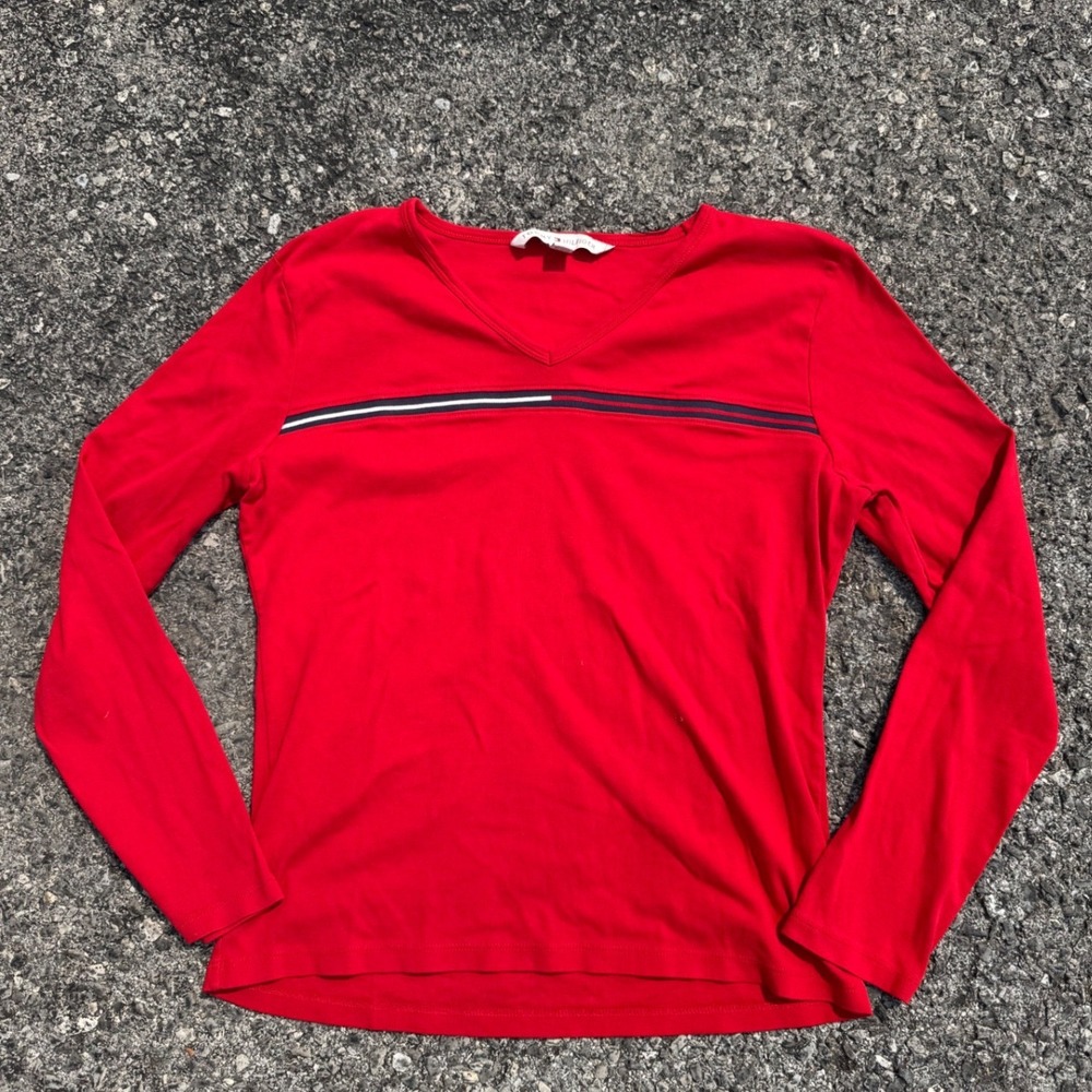 Tommy Hilfiger Womens‎ Red V-Neck Long Sleeve Stripe Chest Top XL